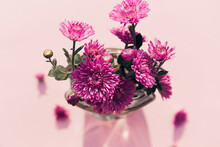 Creative Composition Made Of Chrysanthemum Flowers In A Vase On Pastel Background.