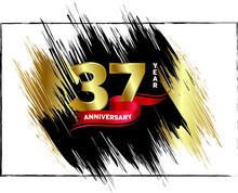 37 Anniversary Celebration, Luxury Anniversary Template Over Gold And Black Brush, Golden Number With Red Ribbon Isolation Background, Party Event Decoration, Vector.