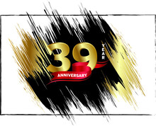 39 Anniversary Celebration, Luxury Anniversary Template Over Gold And Black Brush, Golden Number With Red Ribbon Isolation Background, Party Event Decoration, Vector.