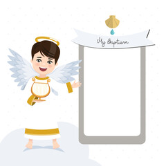 Wall Mural - Angel playing the harp. Baptism invitation with message and white background. Vector illustration