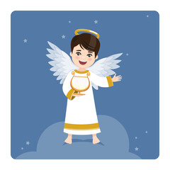 Wall Mural - Angel playing the harp on blue sky and stars background. Vector illustration