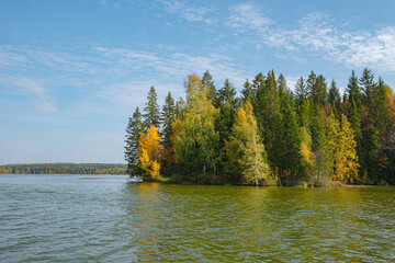 Wall Mural - Autumn forest trees are reflected in the river water of the panoramic landscape. Blue sky with clouds.