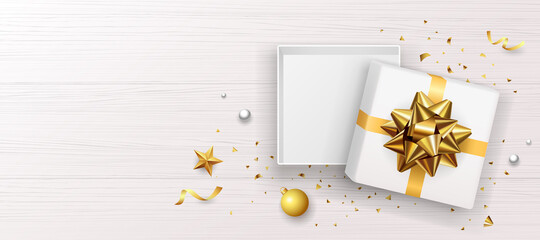 Wall Mural - Gift box and gold bow ribbon banners design on white wood background, Eps 10 vector illustration