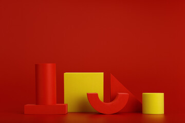 Wall Mural - Duotone geometric still life with red and yellow figures on red background and space for text