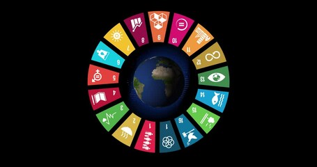Wall Mural - Motion Graphic Animation Sustainable Development concept wheel rotating around the globe Global. Transparent Alpha Clip for Non-Profit organization. 