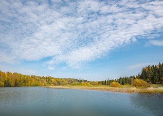 Wall Mural - autumn forest trees are reflected in the river water of the panoramic landscape. blue sky with cloud