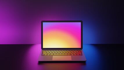 Colorful screen laptop computer placed on table with pink and blue lighting background. 3D illustration image.