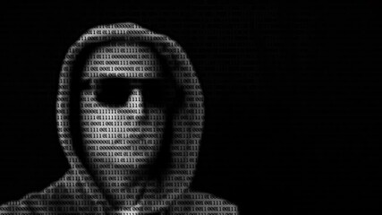 Man in hood and glasses with binary code numbers. PSD effect matrix code. Silhouette of man in hoodie and sunglasses made from binary code digits on black background