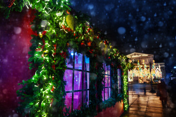 Wall Mural - Bolshoi theater in Moscow view over Christmas market at night before New Year