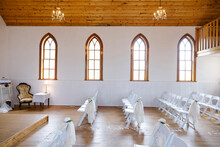 Wooden Church Interior Decorated For Wedding