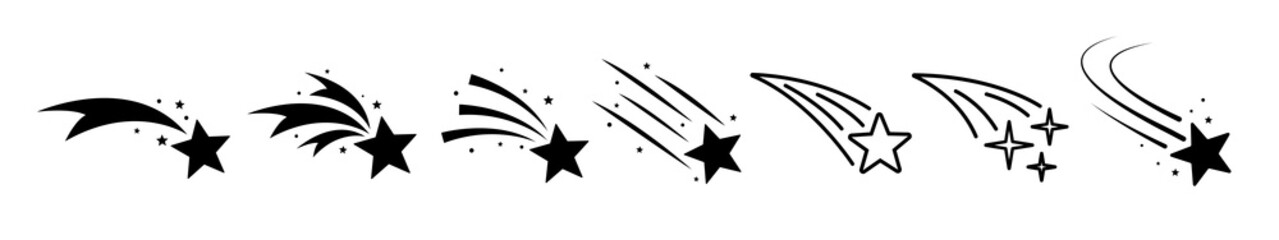 Falling stars set icon meteorites or comets.