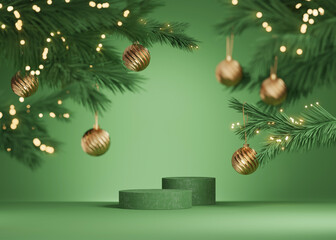 3D podium, Christmas display. Pastel green background. Gold Christmas ornament on tree branch with lights Minimal showcase stand for product presentation or text. Winter, abstract, 3D render mockup.