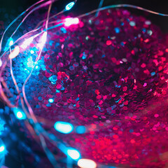 Wall Mural - Colorful background with natural bokeh texture and defocused sparkling lights pattern. Blue and pink confetti blur background with twinkling lights. Festive multi-colored overlay colors