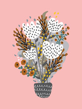 Cute Abstract Floral Bouquet Vector Illustration.  White And Brown Flowers And Twigs Isolated On A Pastel Pink Background. Hand Drawn Infantile Style Flowers In A Gray Vase. 
