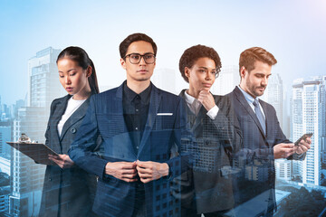 Group of four business partners in suits dreaming and looking for new opportunities to succeed. Concept of multinational corporate team. Bangkok on background. Double exposure.