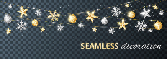 seamless vector holiday decoration. winter season silver and gold ornaments isolated on transparent.