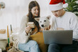 © sonyachny - Happy family with pet shopping online or chatting  on laptop, celebrating christmas at home