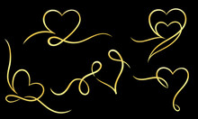 A Collection Of Decorative Frames In The Shape Of A Gold Heart Ribbon. Perfect For Design Elements Of Invitation Ornate Frames And Templates. Elegant Gold Love  Swirl Decorative Set.