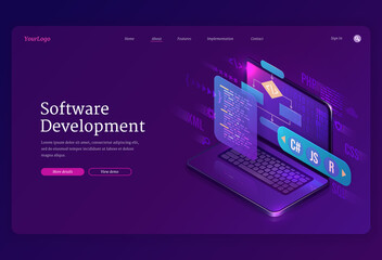 Wall Mural - software development isometric landing page. website or program coding cross platform, algorithm pro