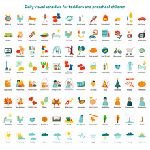 Daily Visual Schedule For Toddlers And Preschool Children. Childish Vector Illustration In Cartoon Style