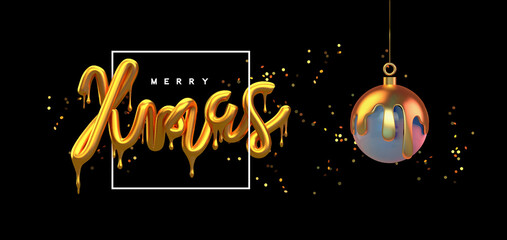 Wall Mural - Christmas 3d gold drip text quote black background