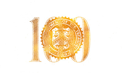 closeup of golden textured cut number 100 of dollar bill on white background