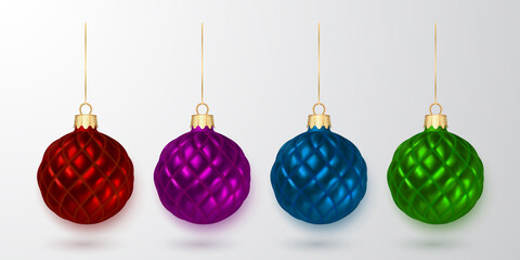 Wall Mural - Colorful Christmas balls. Xmas glass ball on white background. Holiday decoration template. Vector illustration