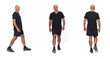 © Curto - the same adult man in sportswear face, profile and back, walking on white background