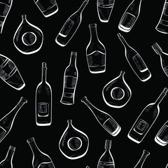 Wall Mural - Drink, bottle hand drawn outline chalk vector seamless pattern on dark background. Concept for wallpaper, wrapping paper, menu 