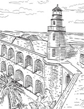 Dry Tortugas National Park Site Of Fort Jefferson And Garden Key Lighthouse Florida Woodcut Black And White