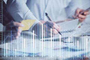 Fototapete - Double exposure of forex graph drawing over people taking notes background. Concept of financial analysis