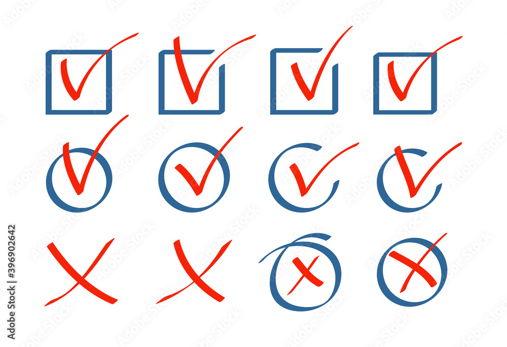 Tick check mark icon handwritten set. Hand drawn red strokes and pen ...