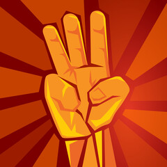 Wall Mural - three finger hand showing raised supporting movement symbol of retro socialism poster vector illustration in red background