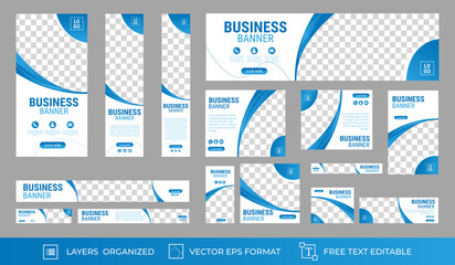 Set of Business Web Banners with standard size. Vertical, horizontal and square template. Vector EPS