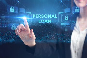 Business, Technology, Internet and network concept. Young businessman working on a virtual screen of the future and sees the inscription: Personal loan