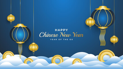 Wall Mural - Happy Chinese New Year banner with blue lanterns and gold coins on cloud isolated on blue background