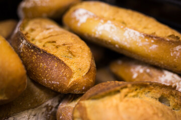 close up of baked bread in bakehouse