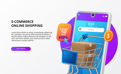 Wall Mural - Online shopping buy on mobile e commerce landing page concept digital marketing 3d phone illustration with package trolley cart