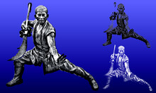 Ancient Shoalin Monk Warrior Statues In A Woodcut Style, Contains Highlight And Shadow Versions