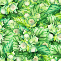 Wall Mural - Watercolor seamless pattern of hazelnut leaves and nuts.