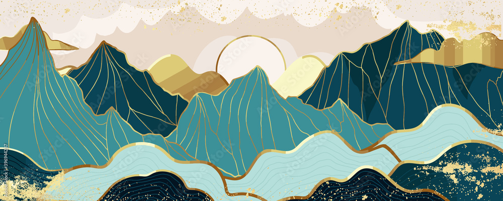 Gold mountain wallpaper design with landscape line arts, Golden luxury background design for cover, invitation background, packaging design, wall arts, fabric, and print. Vector illustration. - obrazy, fototapety, plakaty 
