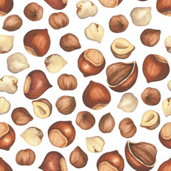 Wall Mural - Watercolor seamless pattern of opened and closed hazelnuts.