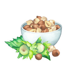 Wall Mural - Watercolor bowl of hazelnuts decorated with leaves and nuts.