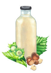 Wall Mural - Watercolor glass bottle of the plant based milk surrounded by hazelnuts