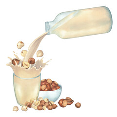 Wall Mural - Watercolor plant based milk pouring from the glass bottle into the cup with a splash of hazelnuts.