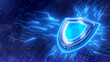 © Sashkin - Shield. Protect and Security concept. Digital Shield on abstract technology background. 3d rendering