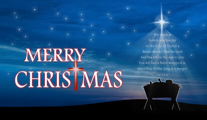 christmas nativity scene of baby jesus in the manger with scriptures in christmas tree shape