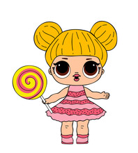 Lol Doll With Big Eyes In Pink Dress With Lolly Pop. Vector L.o.l Toy Picture