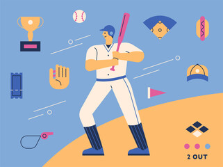 Baseball player character and baseball supplies icon set. flat design style minimal vector illustration.