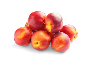 Sweet ripe peaches on white background